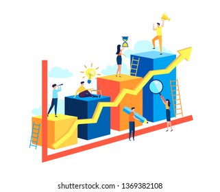 Vector illustration in flat style, people run to their goal on the column of columns, move up motivation, the path to the target's achievement, infographic making by small people