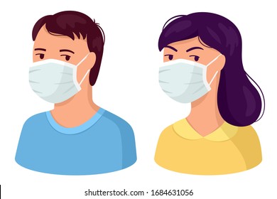 Vector illustration in flat style people in medical masks-a man and a woman,image portrait with shoulders. The concept of protection AGAINST covid-19 coronavirus. For use in the design of infographics