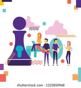 Vector illustration, flat style, planning, project analysis, financial report. Concept big chess pieces, planning a strategy.
