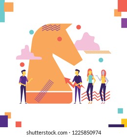 Vector illustration, flat style, planning, project analysis, financial report. Concept big chess pieces, planning a strategy.