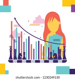 Vector illustration, flat style, planning, project analysis, financial report. Concept big chess pieces, planning a strategy.