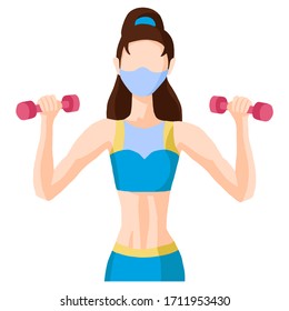  Ilustración vectorial en estilo plano. Retrato de una chica con ropa deportiva azul, con campanas y una máscara. Aislado sobre un fondo blanco. Elemento de diseño para libros, revistas y publicaciones deportivas