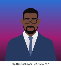 
Vector illustration in a flat style. Portrait of a stylish african american male businessman with a beard and glasses, creative avatar for internet users
