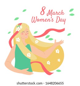 Vector illustration in flat style. Postcard 8 march women's day with blond long haired girl with ribbon and cute flowers. 