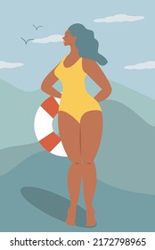 vector illustration in flat style, postcard template in retro style. girl in a swimsuit holding a lifebuoy