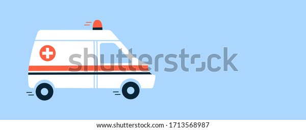 Vector illustration in flat style. Poster,\
banner, brochure, announcement template. Empty place for text.\
White ambulance car with red siren light. Medical vehicle.\
Emergency. Urgent medicine\
concept