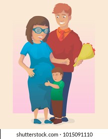 Vector illustration in a flat style. A pregnant woman meets her son and husband.