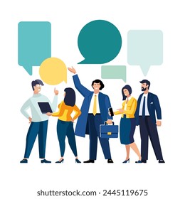 Vector illustration, flat style. The presentation is business. Dialogue between people, women, girls, men, boys. Businessmen discuss social network, news, social networks, chat, dialog word bubbles