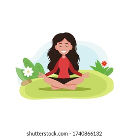 Ilustración vectorial en estilo plano. Bastante chica de caricatura meditando en la naturaleza. Buen concepto ilustrativo para la meditación, la relajación, el yoga, la recreación. 