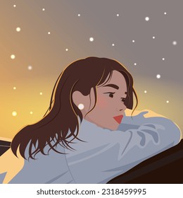 
Vector illustration in a flat style. A pretty young girl with dark hair, in a white comfortable shirt, stands on the roof of a high-rise building, leans on her hand and dreams