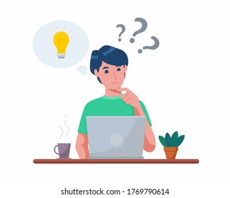 Vector illustration in flat style, Problem solving concept. Man thinking with question mark and light bulb icons, creative idea