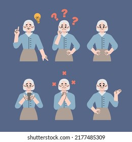 Vector illustration in flat style - problem solving concept - old woman, grand, thinking - with question mark and light bulb icons-creative idea -  various facial expressions and poses.