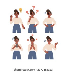 Vector illustration in flat style - problem solving concept - woman thinking - with question mark and light bulb icons-creative idea -  various facial expressions and poses. Vector design illustration