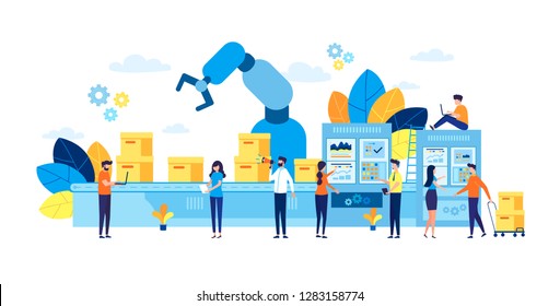 Vector illustration, flat style, a production line with workers, automation and user interface concept: user connecting with a tablet and sharing data with a cyber-physical system, Smart industry 4.0