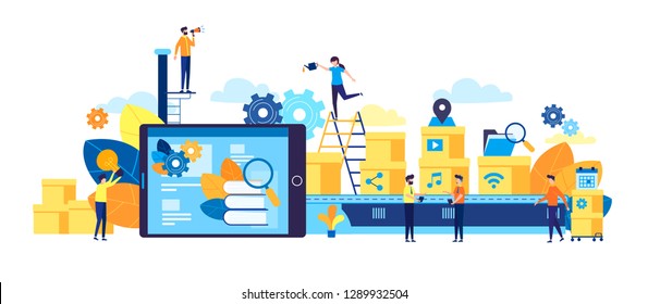 Vector illustration, flat style, a production line with workers, automation and user interface concept. Tablet system boot, sharing media data with a system, Smart industry 4.0
