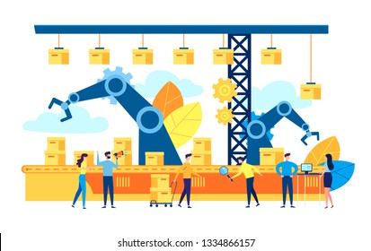 Vector illustration, flat style, a production line with workers, automation and user interface concept: user connecting with a tablet and sharing data with a cyber-physical system, Smart industry 4.0