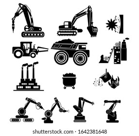 Vector illustration, flat style, a production line automation .Icon collection of electrical machines for wood, metal, plastic, stone. Machines used in the production of various industries.
