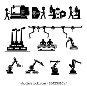 Vector illustration, flat style, a production line automation .Icon collection of electrical machines for wood, metal, plastic, stone. Machines used in the production of various industries.