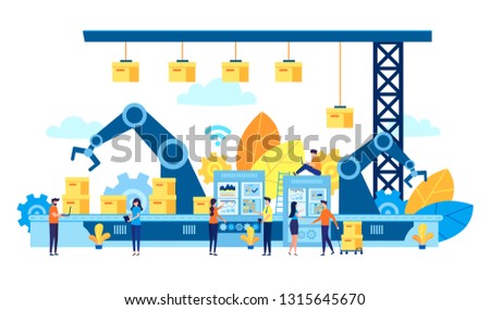 Vector illustration, flat style, a production line with workers, automation and user interface concept: user connecting with a tablet and sharing data with a cyber-physical system, Smart industry 4.0