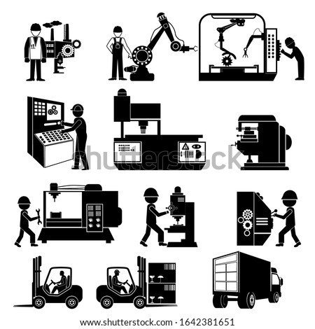 Vector illustration, flat style, a production line automation .Icon collection of electrical machines for wood, metal, plastic, stone. Machines used in the production of various industries.