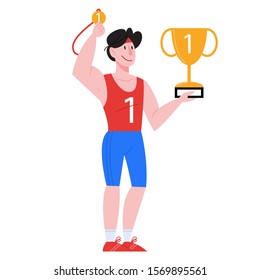 Vector illustration in flat style of professional athlete holding a medal and trophy. Idea of a winning