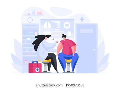 Vector illustration in flat style of professional female doctor of emergency giving arm injection to male patient on white background