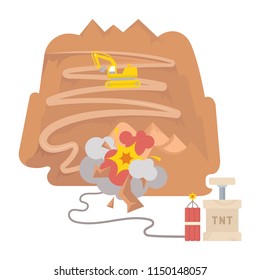 Vector illustration in flat style. The quarry on white background. The explosion of dynamite in the mountains.