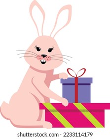 Vector illustration in a flat style of a rabbit with gifts.