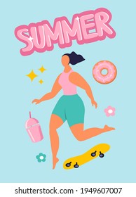 vector illustration in flat style. rainbow, girl on a skate,  donut, coctail, the inscription summer. illustration for greeting card, stickers.