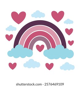 Vector illustration of flat style rainbow with hearts surrounding it
