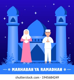 Vector illustration of flat style Ramadan Kareem greeting concept. With character activity people fasting rejoice, Suitable for web landing pages, ui, mobile apps, banner templates.