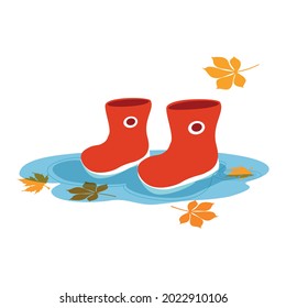 Vector illustration in flat style of red children's rubber boots in a puddle. Hello Autumn fun. Square format, isolation on a white background. Use as a sticker, print, card, web networks. EPS10