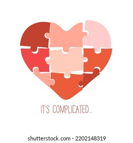 Vector illustration in flat style with red puzzles making a heart and lettering It's complicated isolated on white background. Concept of broken heart or divorce, heartbreak