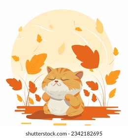 Vector illustration in a flat style. The red cat sits among fallen yellow leaves and breathes in the cool autumn air.

