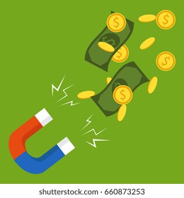 Vector illustration, flat style red magnet draws a profit,
money. Magnet attracts money. The concept of sales, business development.
