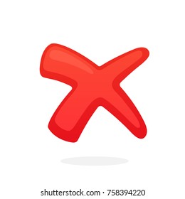 Vector illustration in flat style. Red cross check mark for indicate wrong choice. Symbol of incorrect or wrong choice. Vote and not accept button. Isolated on white background