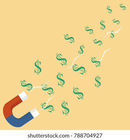 Vector illustration, flat style red magnet draws a profit,money. Magnet attracts money. The concept of sales, business development.