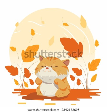 Vector illustration in a flat style. The red cat sits among fallen yellow leaves and breathes in the cool autumn air.

