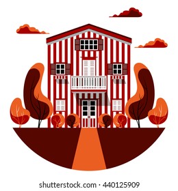 Vector illustration of flat style residential house. Modern home icon. Colorful cool detailed cottage with garden, no transparencies