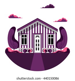 Vector illustration of flat style residential house. Modern home icon. Colorful cool detailed cottage with garden