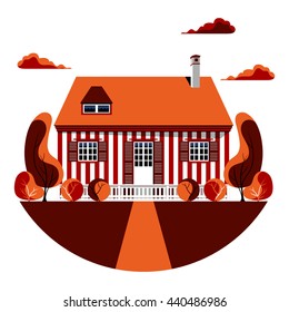 Vector illustration of flat style residential house. Modern home icon. Colorful cool detailed cottage with garden