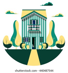 Vector illustration of flat style residential house. Modern home icon. Colorful cool detailed cottage with garden