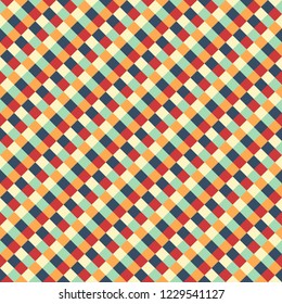 Vector illustration of flat style retrostyled checkered seamless pattern background made with small squares in red, orange and water green