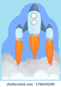 Vector illustration in flat style of rocket launch with clouds of white smoke on blue background. Creative idea