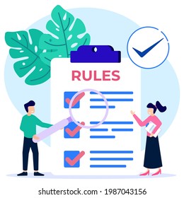 Vector illustration of flat style rule checklist rule concept. Community control guidelines and strategies for company order and restraint. Limited graphic writing with legal information.