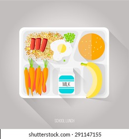 Vector Illustration. Flat Style. School Lunch. Healthy Food For Students. Beef And Vegetable Fried Rice. Green Peas. Omelet. Boiled Carrots. Small Packaging Milk. Sesame Bun. Banana. Cardboard Tray.