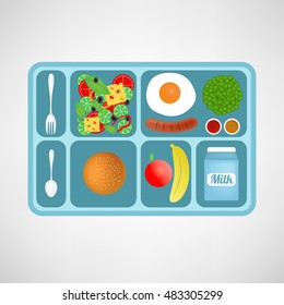 Vector illustration. Flat style. School lunch. Healthy food for students. Green peas. Omelet. Small packaging milk. Sesame bun. Banana Sausage