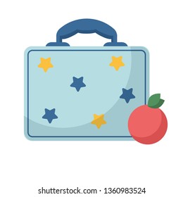 Vector illustration of a flat style. Schoolboy's blue lunch box and ripe red apple