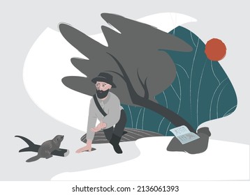 Vector illustration in a flat style. A scientist naturalist explores flora and fauna. A man extends his hand to a beaver. Next to the zoologist lies a bag and a notebook with notes.