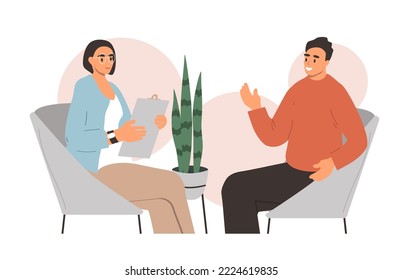 vector illustration in flat style. session with a psychotherapist. psychologist talking to patient